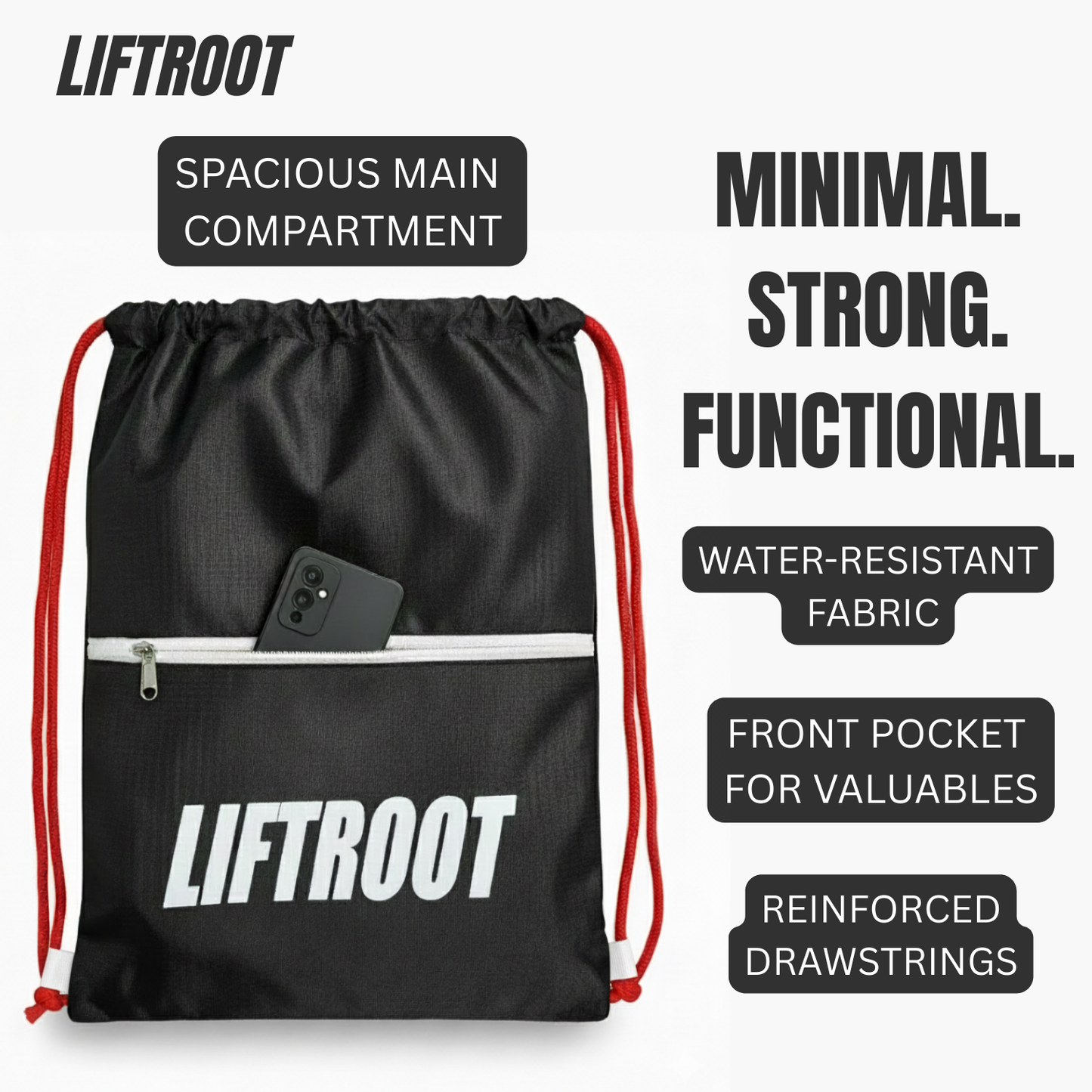 LIFTROOT Gym Drawstring Bag with Zipper Pocket – Lightweight, Water-Resistant Sports Backpack