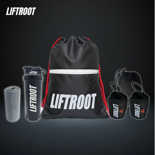 LIFTROOT Gym Kit – Drawstring Gym Bag with Wrist Wraps, 750ml Protein Shaker & Microfiber Towel