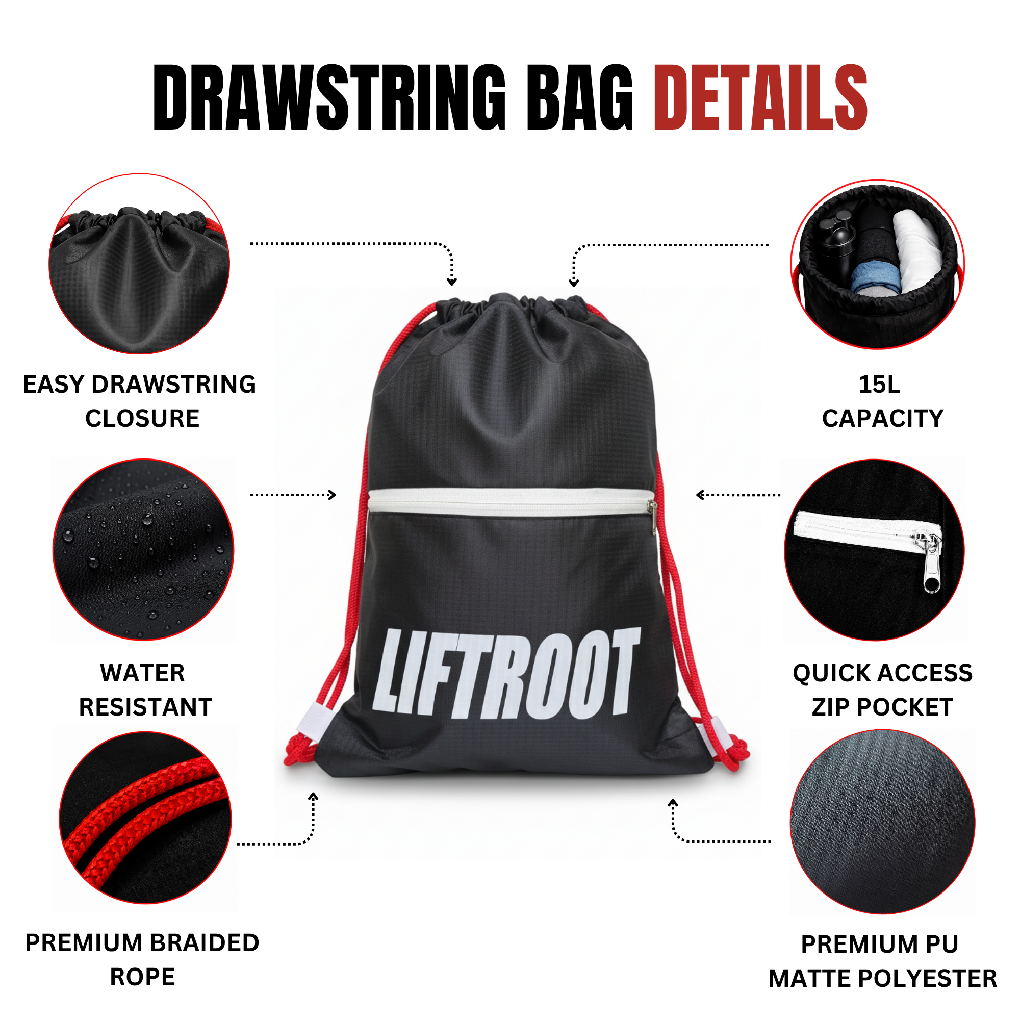 LIFTROOT Gym Drawstring Bag with Zipper Pocket – Lightweight, Water-Resistant Sports Backpack 4 LIFTROOT Gym Drawstring Bag with Zipper Pocket – Lightweight, Water-Resistant Sports Backpack - Image 4