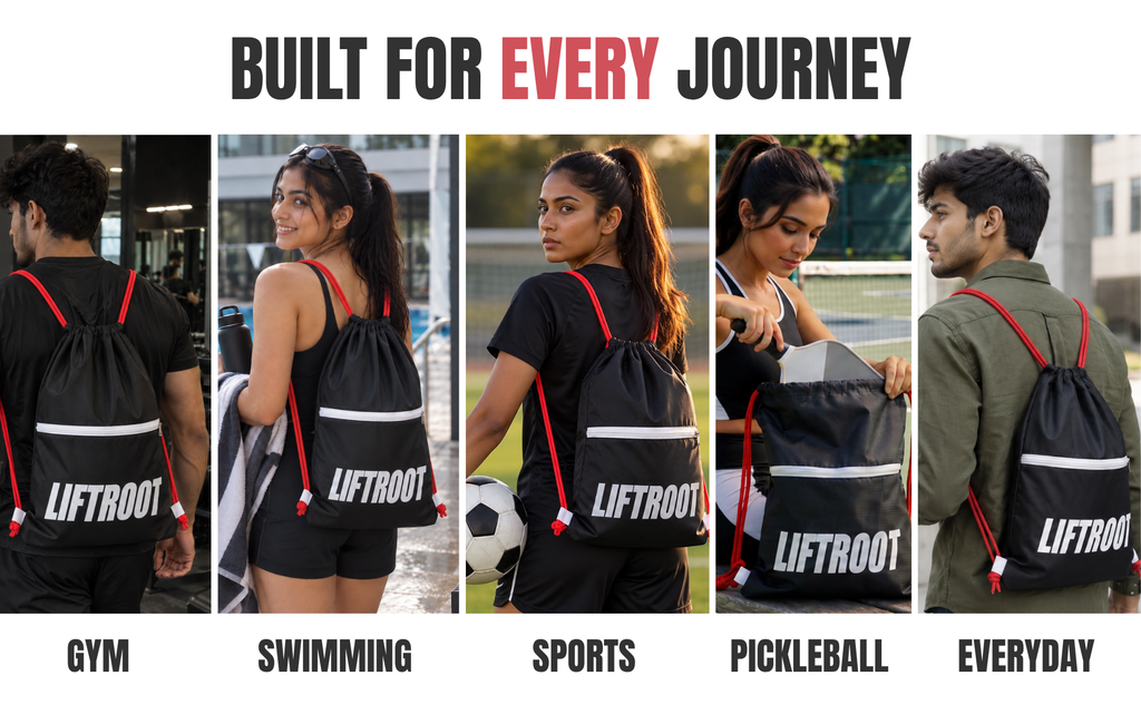 LIFTROOT Gym Drawstring Bag with Zipper Pocket – Lightweight, Water-Resistant Sports Backpack 12 LIFTROOT Drawstring Bag LIfestyle Image