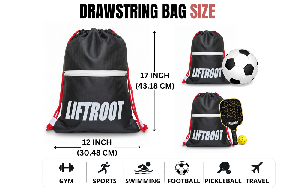 LIFTROOT Gym Drawstring Bag with Zipper Pocket – Lightweight, Water-Resistant Sports Backpack 9 LIFTROOT Drawstring Bag Size