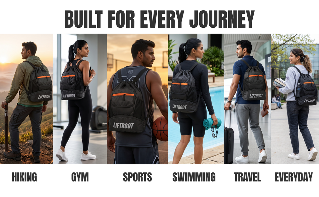 Sports Drawstring Bag with Shoe Compartment for Men & Women, 22L Waterproof Backpack 14 LIFTROOT Drawstring Backpack Lifestyle images