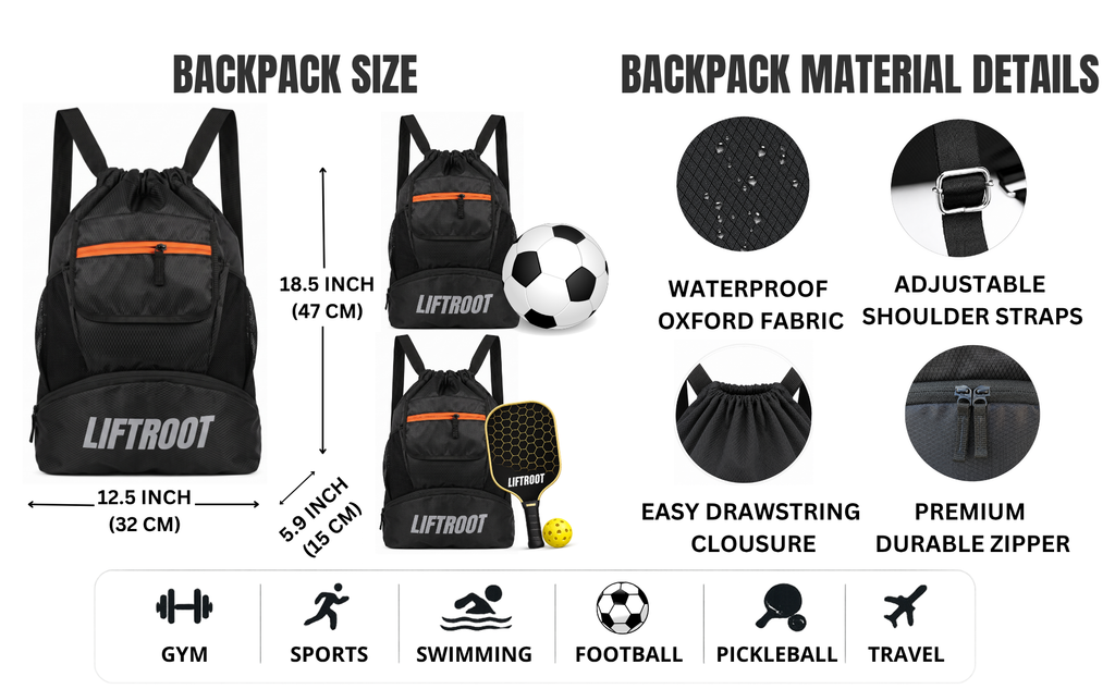 Sports Drawstring Bag with Shoe Compartment for Men & Women, 22L Waterproof Backpack 11 LIFTROOT Drawstring Backpack Size